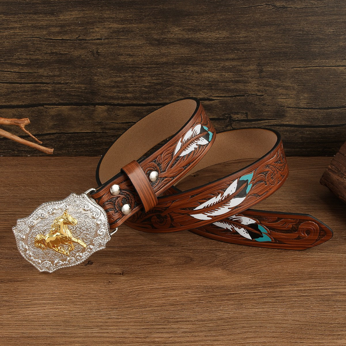 Western Style Carved Feather Belt, Vintage Embossed Running Horse Buckle Men's Waist Strap, American Cowboy Workwear Versatile Belt