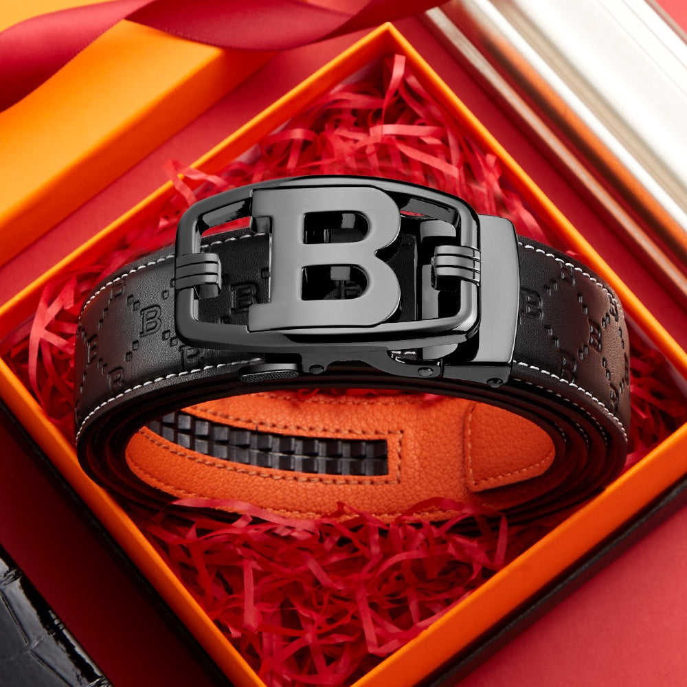 Business Style Letter Automatic Buckle Men's Belt, Embossed Wear-Resistant Waist Strap, Gift Box Versatile Formal Trouser Belt