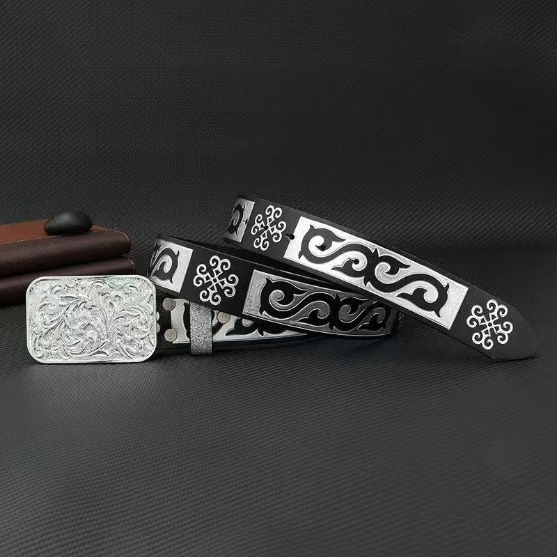 Western-Style Engraved Pin Buckle Men's Belt, Retro Ethnic Embossed Waist Strap, Niche Versatile Trouser Belt