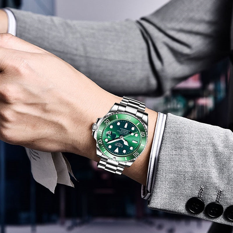 Classic Submariner Men's Quartz Watch, Waterproof Luminous Date Steel Band Wristwatch, Business Casual Versatile Diving Watch