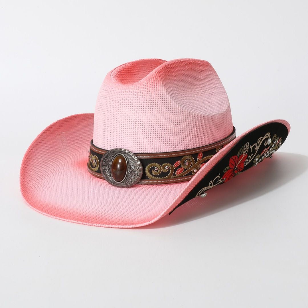 Western-Style Floral Embroidered Cowboy Straw Hat, Retro Gem-Embellished Wide-Brim Sun Hat, Outdoor Travel Vibe Fedora