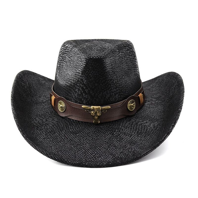 Travel Vibe Snake-Print Cowboy Hat, Outdoor Sunshade Bullhead-Embellished Wide-Brim Fedora