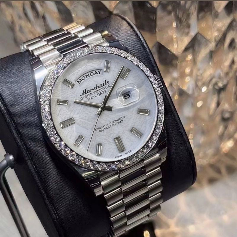 Business Day-Date Men's Watch, Diamond Bezel Steel Band Wristwatch, Luxury Versatile Quartz Watch