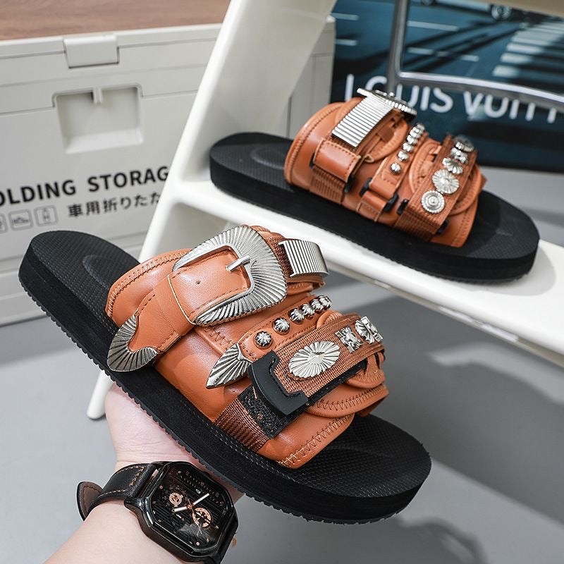 Western-Style Rivet & Metal Buckle Slide Sandals, Vintage Leather Slides, Edgy Non-Slip Thick-Sole Outdoor Slippers