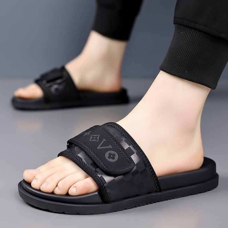 Streetwear Checkerboard Print Slides, Letter Print Adjustable Outdoor Sandals