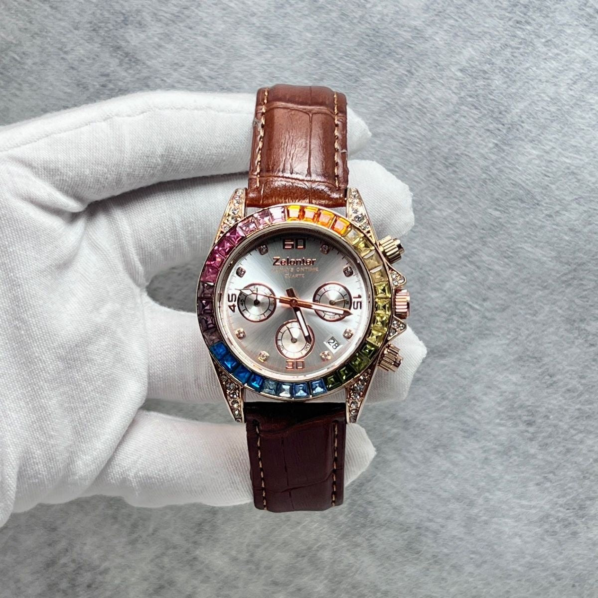 Rainbow Bezel Diamond-Encrusted Multi-Function Women's Watch, Chronograph Wristwatch, Luxury Versatile Quartz Watch