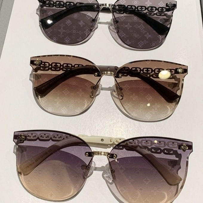 Retro Monogram Print Rimless Sunglasses, Metal Chain Decorative Shades, Luxury Fashion Oversized Eyewear