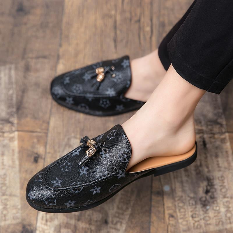 Vintage Monogram Tassel Mule Slippers, Backless Slip-On Loafers, Casual Flat Slides for Women