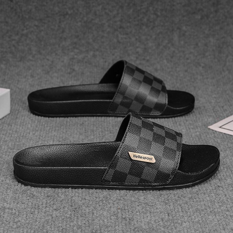 Classic Checkerboard Metal Logo Slides, Non-Slip Outdoor Slippers, Summer Casual Sandals