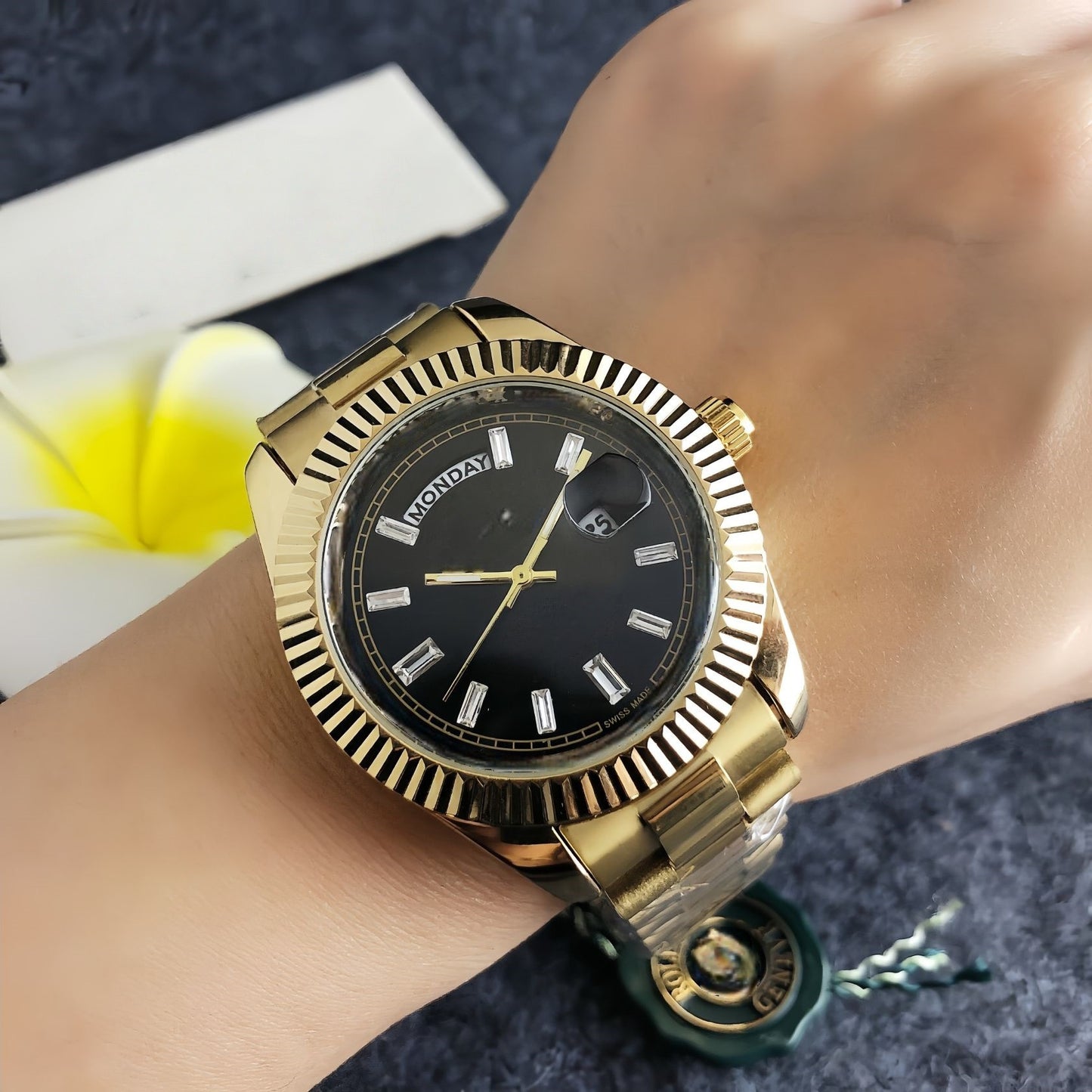 Classic Day-Date Style Watch, Diamond-Index Steel Band Wristwatch, Men's Luxury Waterproof Dress Watch