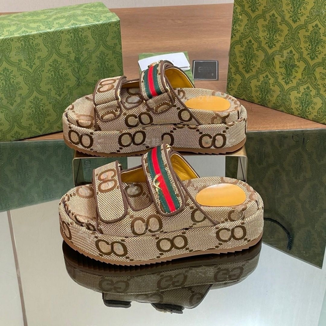 Monogram Jacquard Platform Slide Sandals with Striped Detail