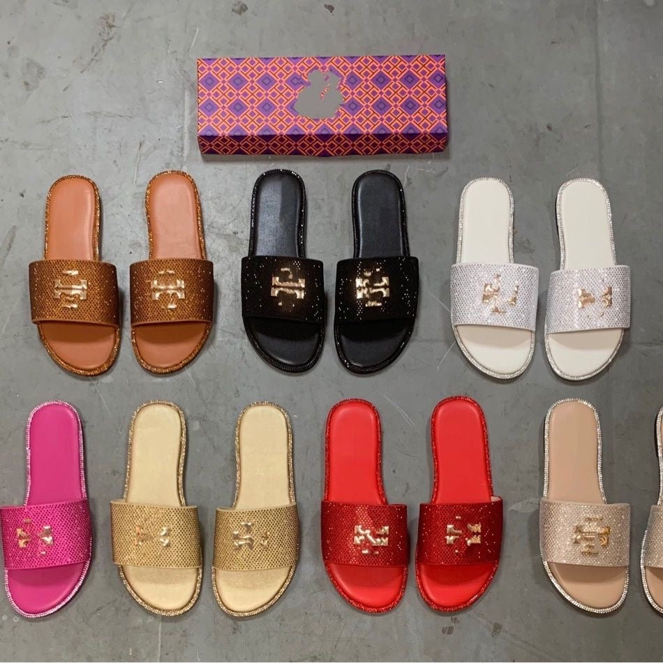 Full Rhinestone Embellished Metal Logo Slide Sandals