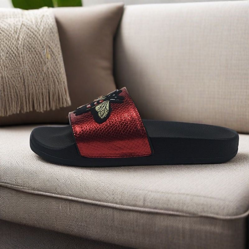 Metallic Snake Print Bee Embroidery Slide Sandals
