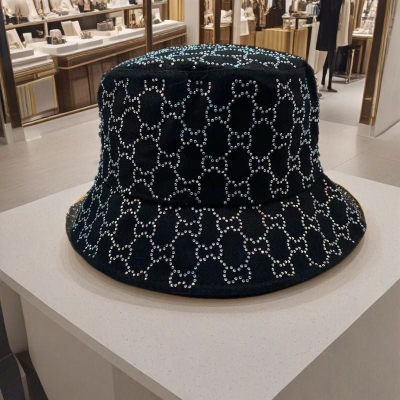 Luxury Full Rhinestone Lattice Bucket Hat, Multicolor Sparkling Sun Hat