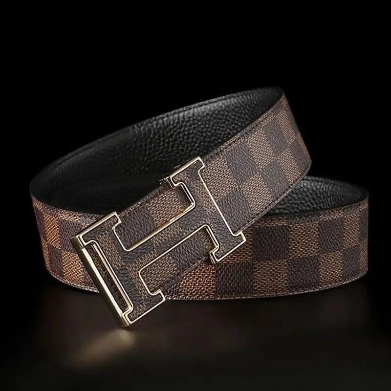 Men's T-Shaped Hollow Pin Buckle Belt, Classic Checkered Business Casual Waist Strap