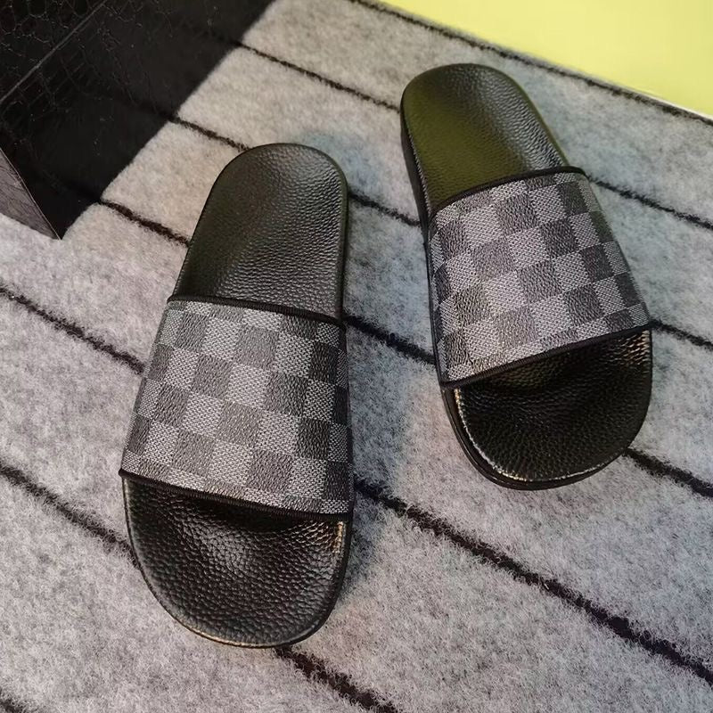 Unisex Checkerboard Slide Sandals, Non-slip Flat Slippers