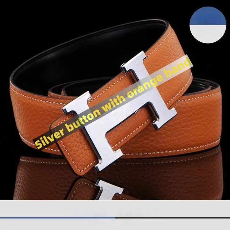 【#A265】Men's Genuine Leather Belt With Simple Metal Slide Buckle & Litchi Grain