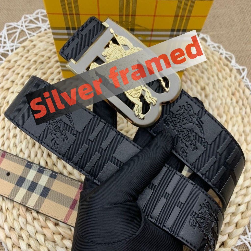 【#A273】Men's Reversible Check Embossed Leather Belt With Square Metal Plate Buckle