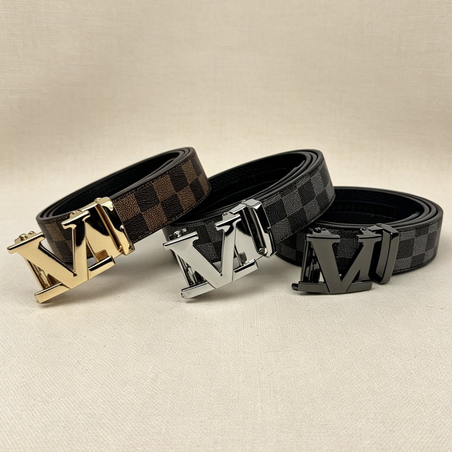 【#A280】Men's Check Pattern Belt With Geometric Automatic Metal Buckle
