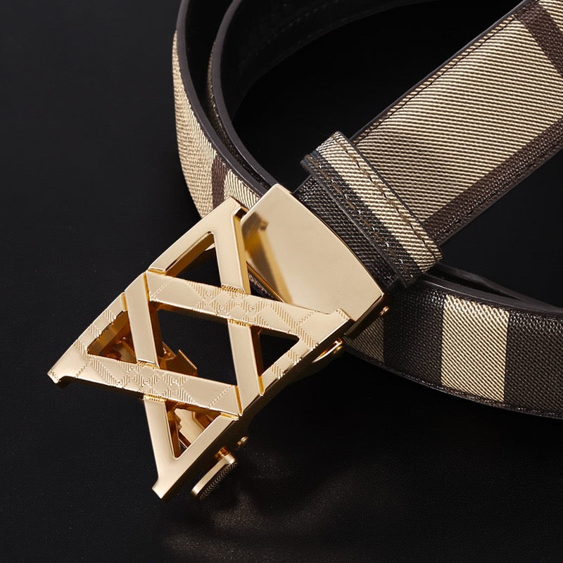 【#A281】Men's Check Pattern Belt With Hollow Diamond Geometric Automatic Buckle