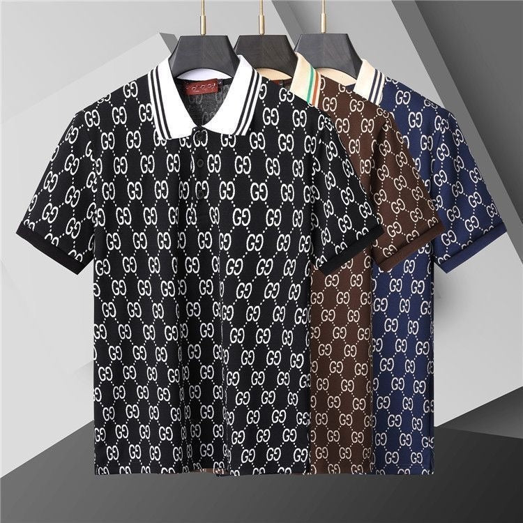 【#A283】All-Over Vintage Print Striped Collar Short Sleeve Polo Shirt