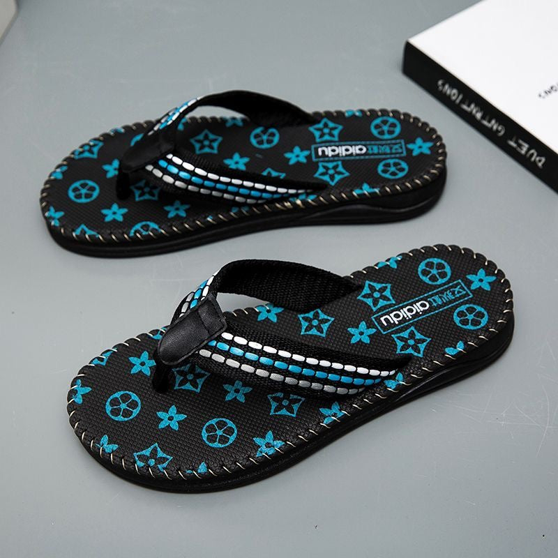 【#A292】Men's Vintage Print Flip Flops, Woven Strap Non-Slip Thick Sole Beach Slippers