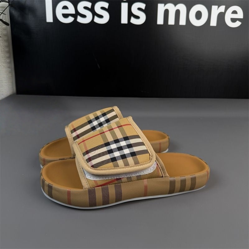 【#A293】Unisex Vintage Plaid Slide Sandals, Adjustable Velcro Strap Non-Slip Platform Open Toe Slippers for Couple