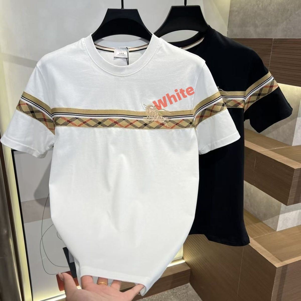 Vintage Plaid Spliced Embroidered Crew Neck T-Shirt