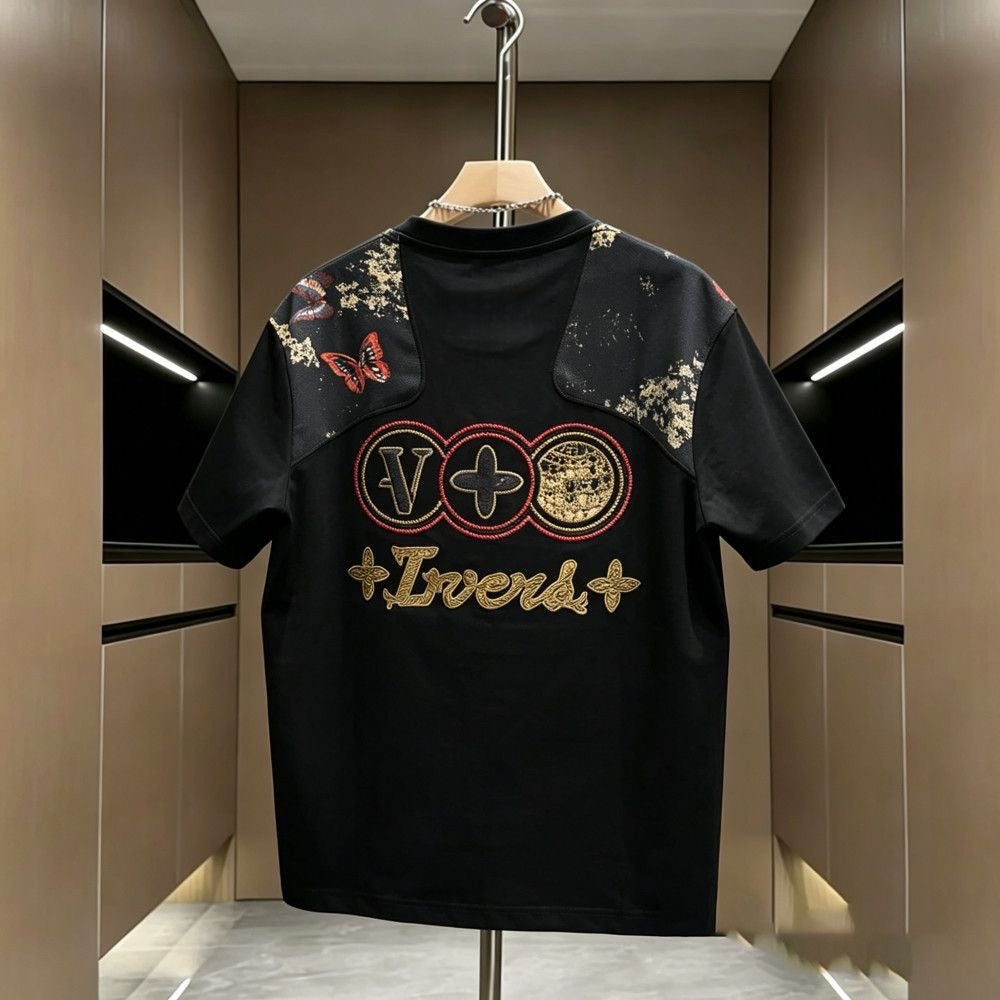 Vintage Butterfly Spliced Embroidered Crew Neck T-Shirt