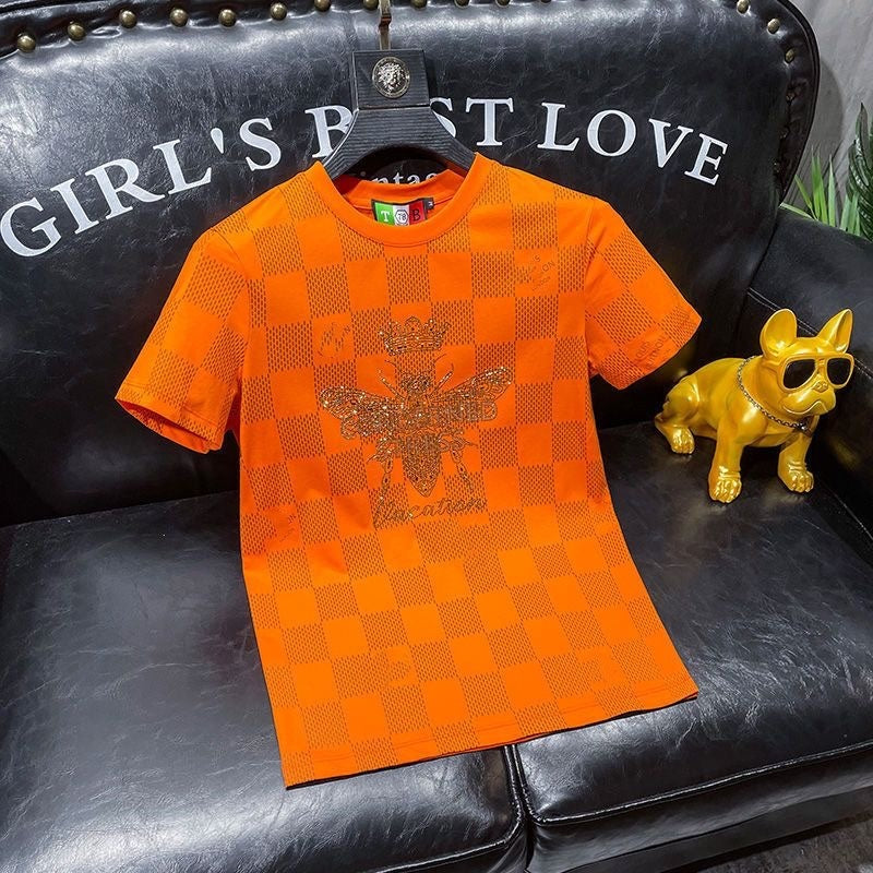 【#A332】Checkerboard Rhinestone Bee Men's Crew Neck Short Sleeve T-Shirt