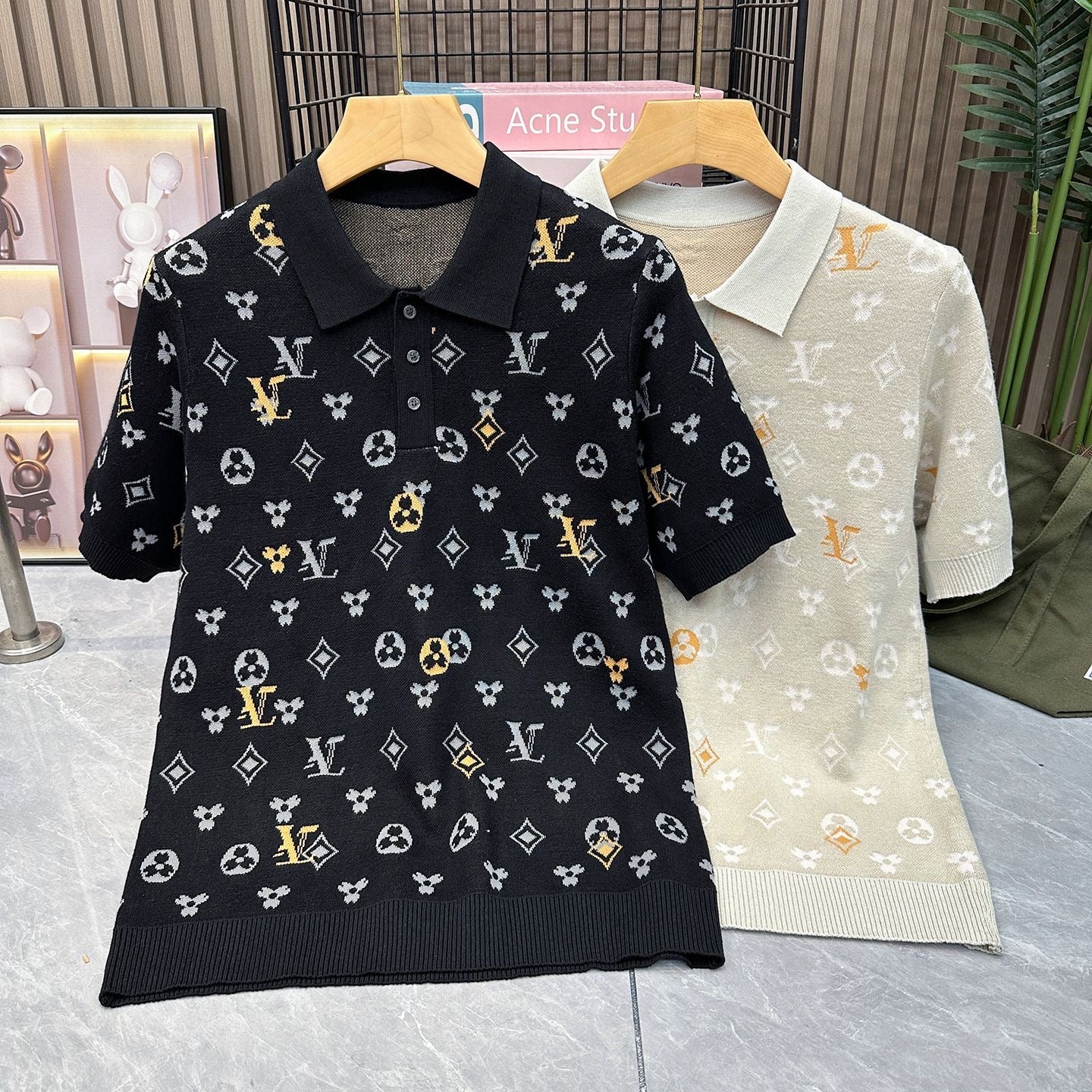 【#A352】Vintage All-Over Geometric Jacquard Knit Polo Tee, Unisex Thin Collared Breathable Casual Top