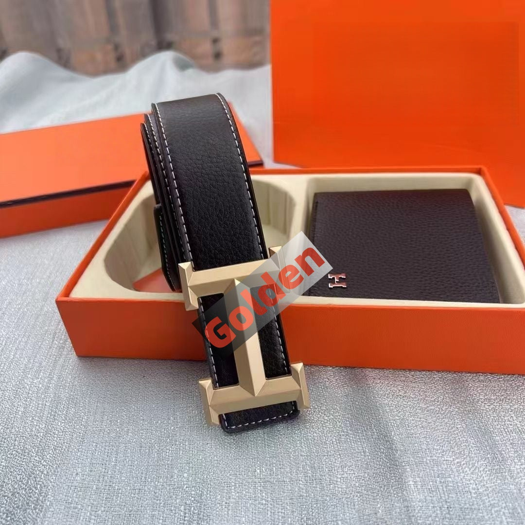 【#A354】Luxury Geometric Metal Buckle Belt & Wallet Gift Set, Men Business Grain Leather Waist Belt Short Purse 2-Piece Kit