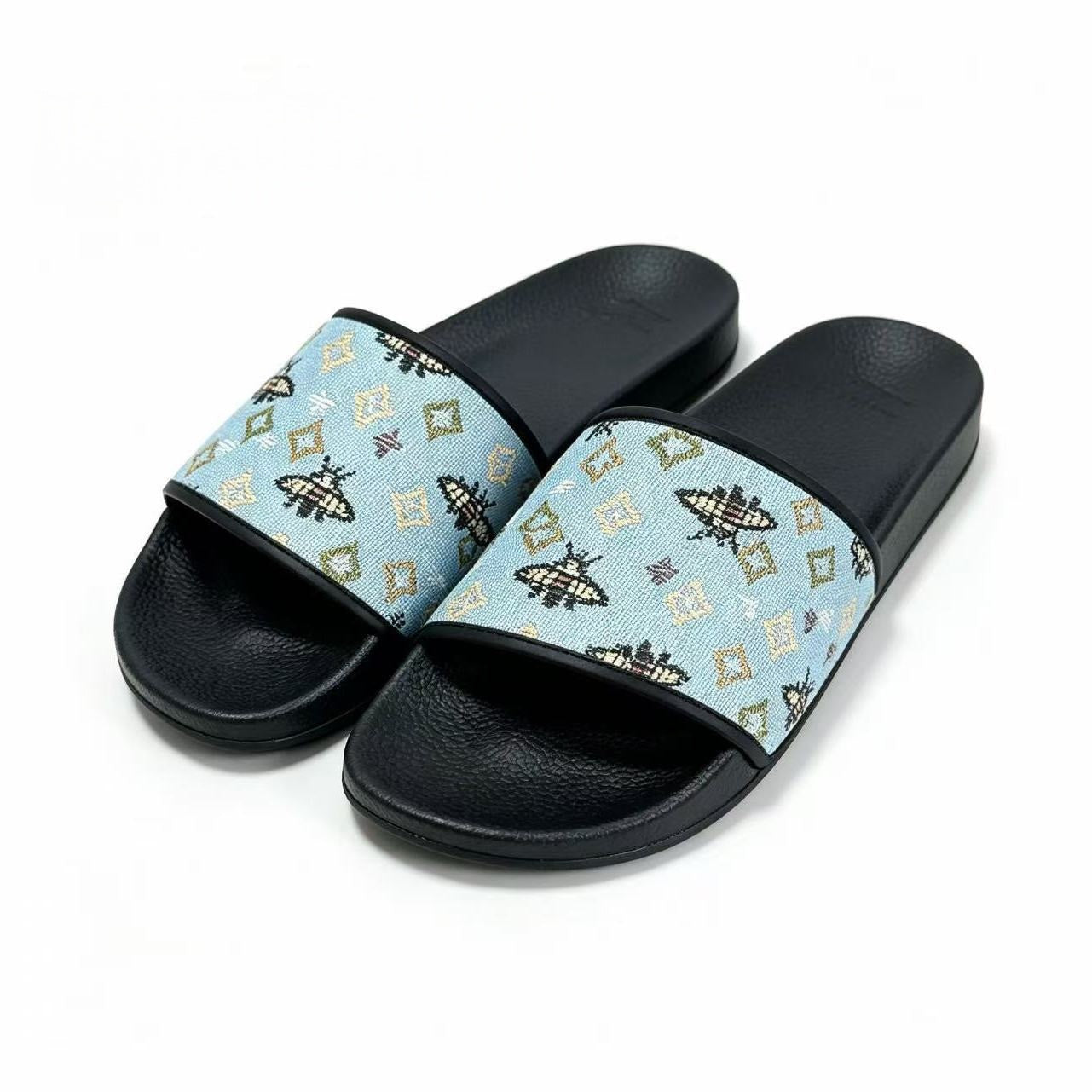 【#A358】Vintage Jacquard Bee & Geometric Slide Sandals, Unisex Anti-Slip Thick Sole Slides For Home Beach Casual Wear