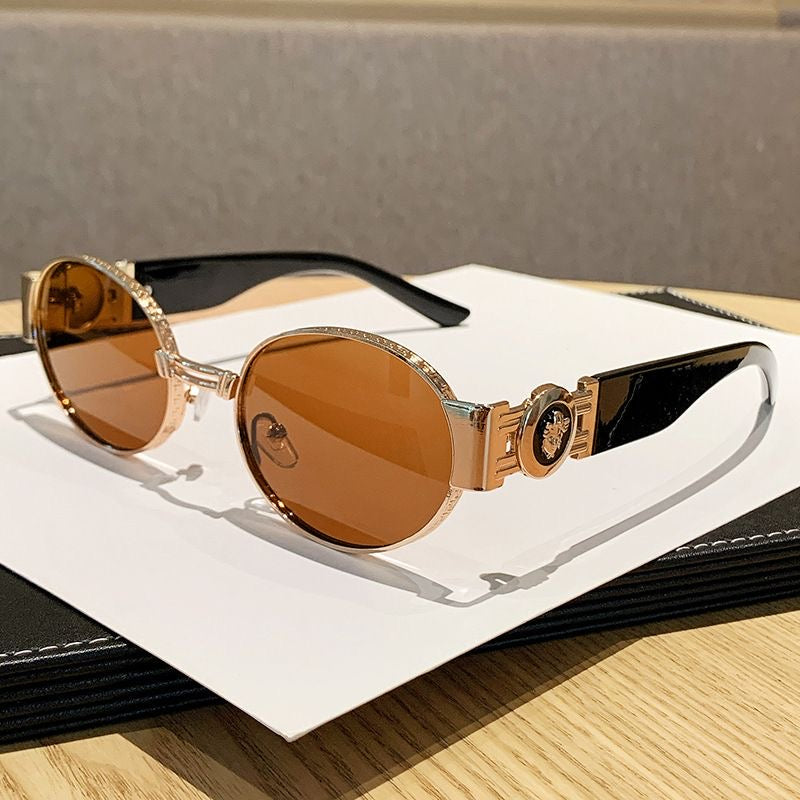 【#A375】Vintage Carved Metal Round Gradient Sunglasses, Luxury Metal Badge Hollow Temple Outdoor Shades