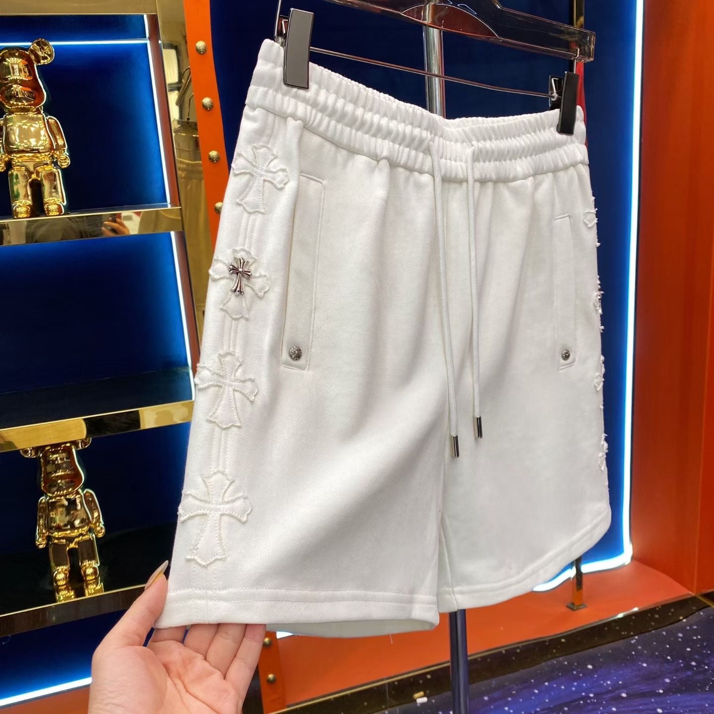 【#A379】Side 3D Cross Embroidery Knee-Length Sweat Shorts, Unisex Solid Drawstring Loose Sports Shorts