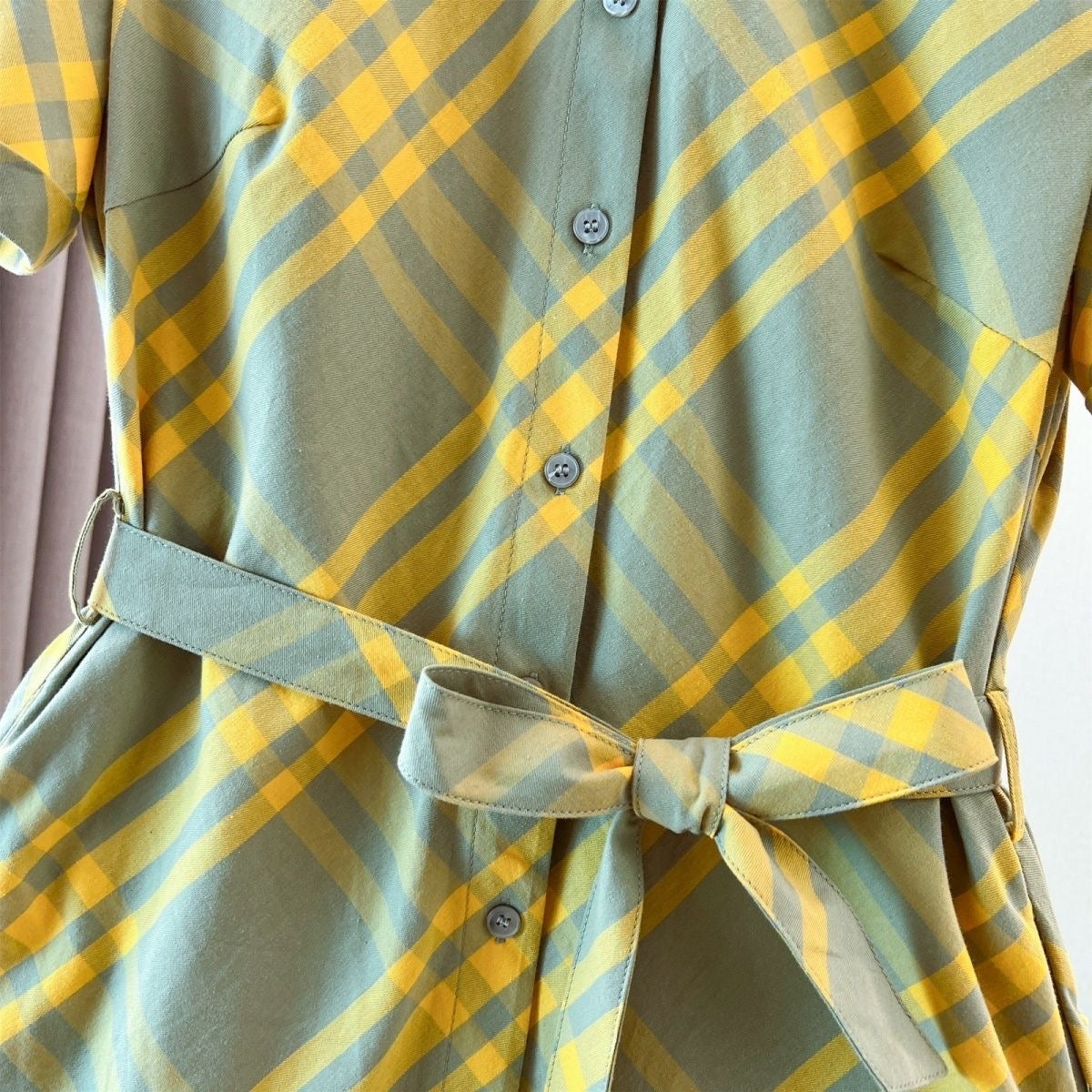【#A382】Vintage Diagonal Plaid Collared Shirt Dress, Women Waist Tie Short Sleeve Commuter Midi Dress