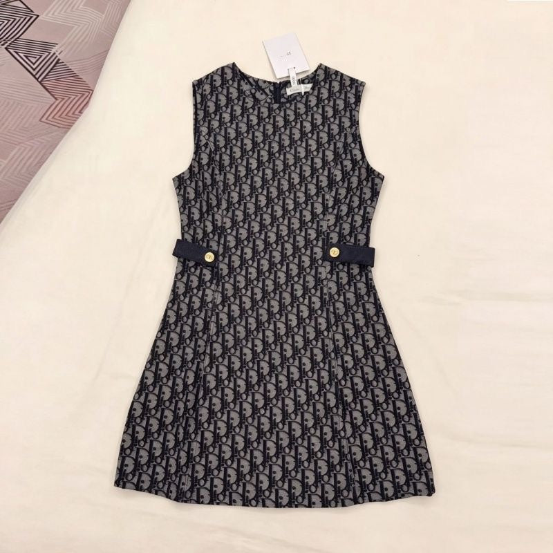 【#A384】All Over Monogram Sleeveless Waist-Cinched Mini Dress, Vintage Jacquard Crew Neck Slim Commuter Tank Dress