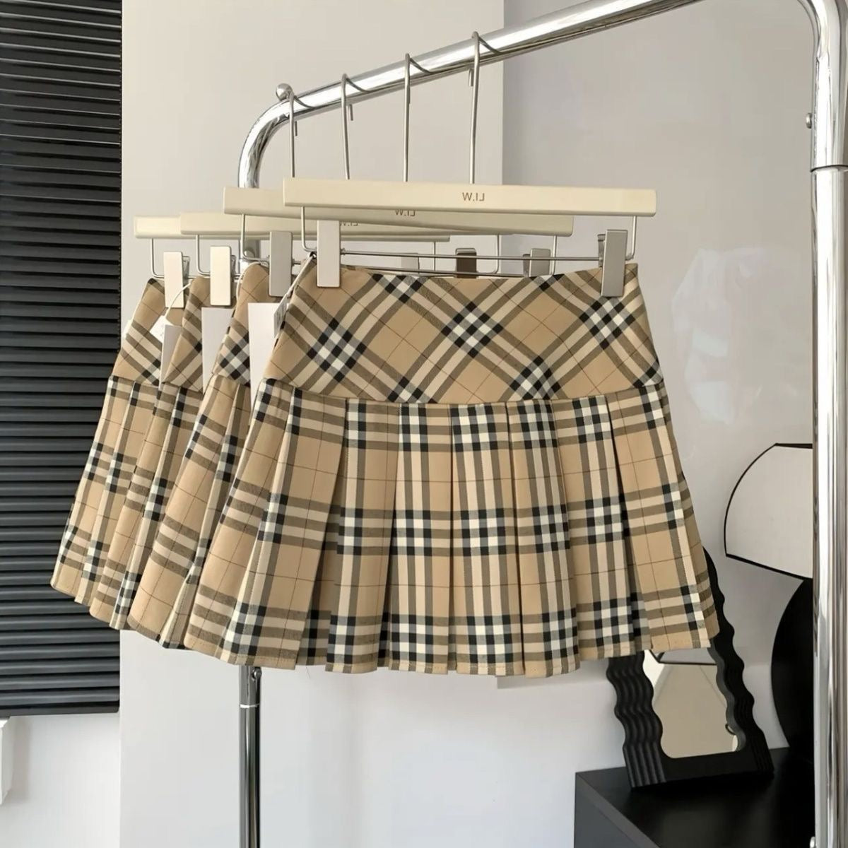 【#A398】Classic Khaki Plaid High Waist Pleated Mini Skirt, Preppy Slim Versatile Check Short Skirt