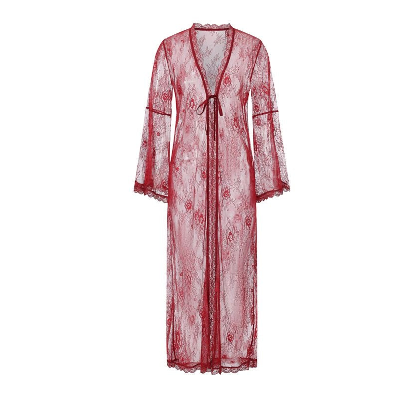【#A403】Sheer Floral Lace Long Robe, French V-Neck Tie Bell Sleeve Loungewear Cover Up