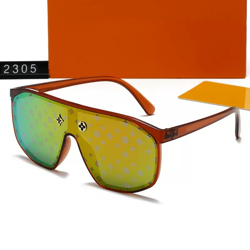 【#A414】One-piece Oversized Pilot Sunglasses, Retro Floral Metal Logo UV Protection Shades