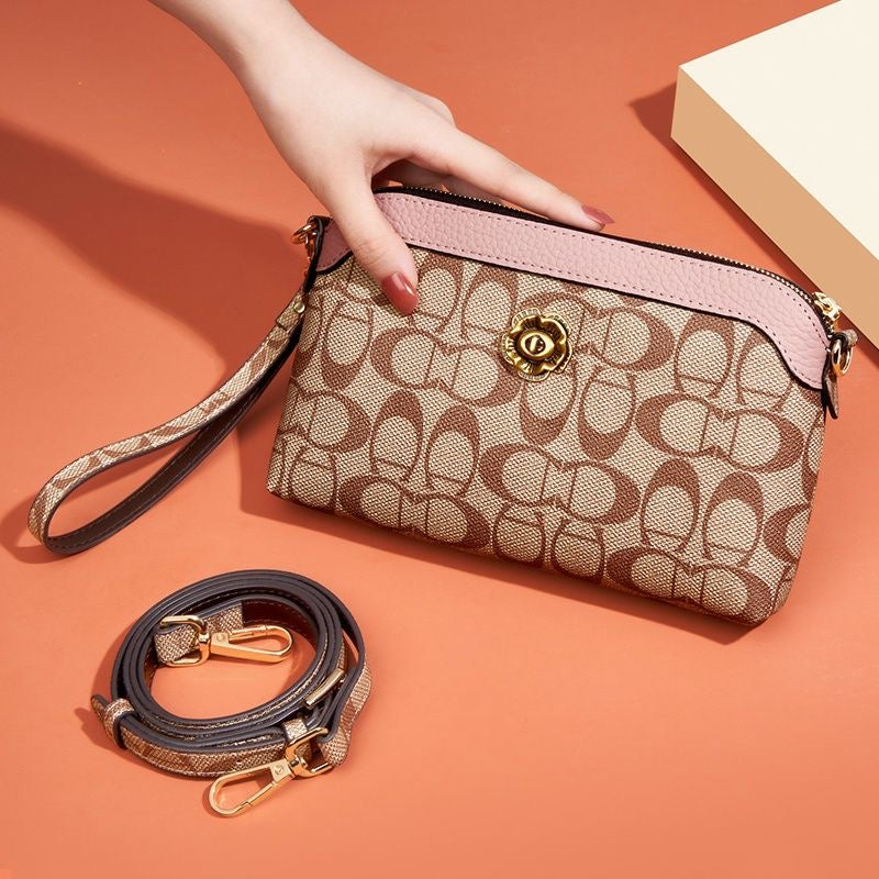 【#A418】Vintage Letter Print Pink Trim Wrist Purse, Camellia Hardware Convertible Crossbody Mini Bag