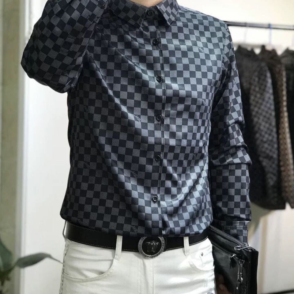 【#A427】Men Luxury Dark Checkerboard Long Sleeve Shirt, Wrinkle Resistant Slim Fit Business Blouse