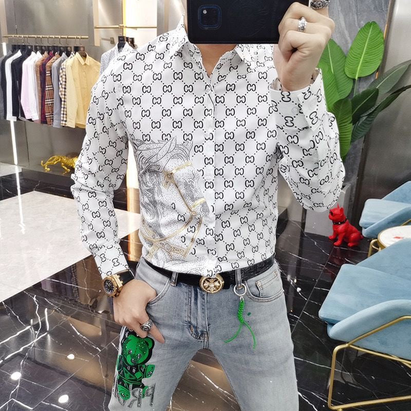 【#A430】Men Vintage Interlink Print Rhinestone Horse Long Sleeve Shirt, Smooth Slim Luxury Blouse