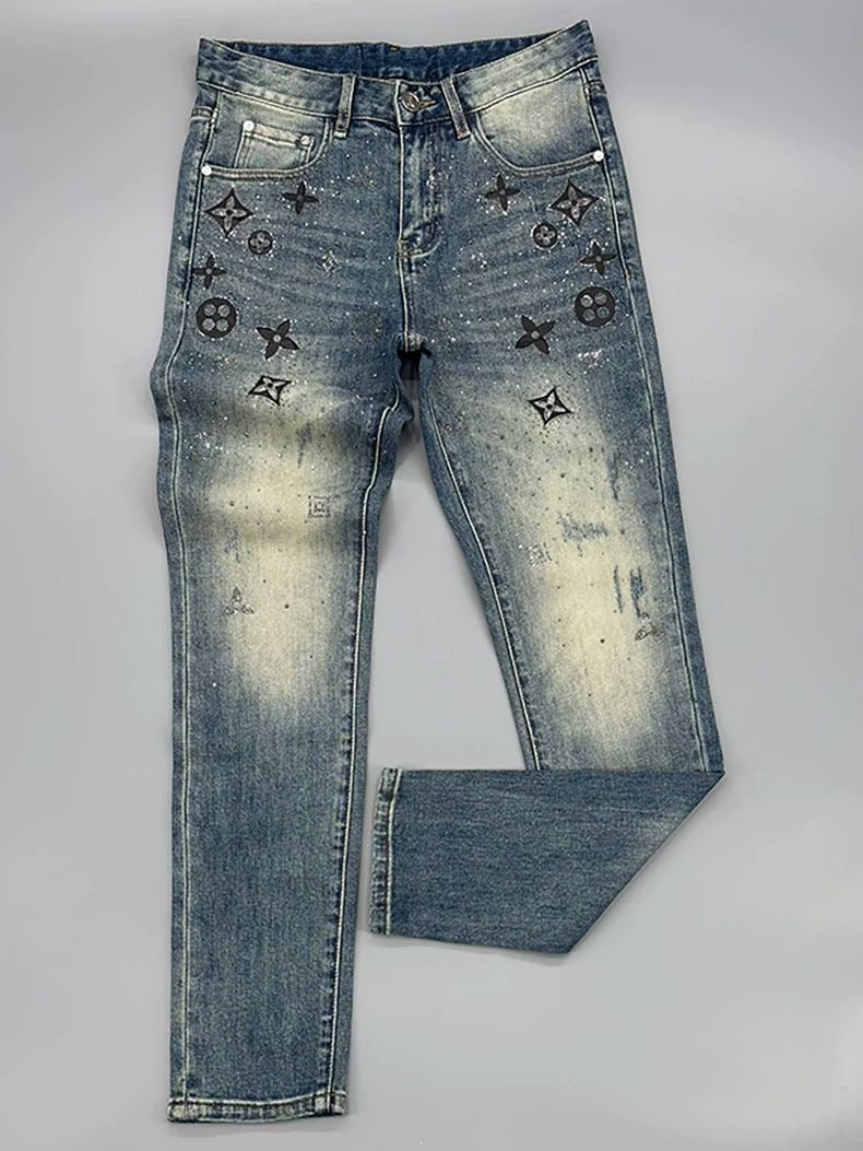 【#A444】Vintage Washed Rhinestone Clover Embroidered Jeans, Men Slim Gradient Skinny Denim Pants