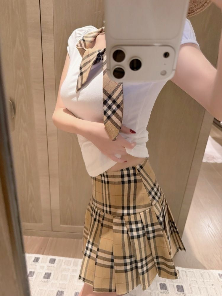 【#A454】Vintage Plaid Tie Short Sleeve Pleated Skirt Two Piece Set, Preppy Slim Fit Outfit