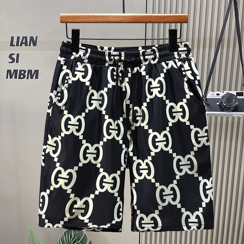 【#A464】Vintage Interlock All Print 5 Inch Shorts, Unisex Drawstring Loose Quick Dry Beach Pants