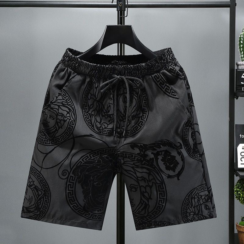 【#A465】Men Black Flocked All Over Print 5 Inch Shorts, Light Quick Dry Drawstring Loose Casual Pants