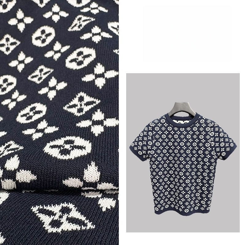 【#A466】Navy All Over Jacquard Knit Short Sleeve Tee, Men Vintage Luxury Crew Neck Slim Top