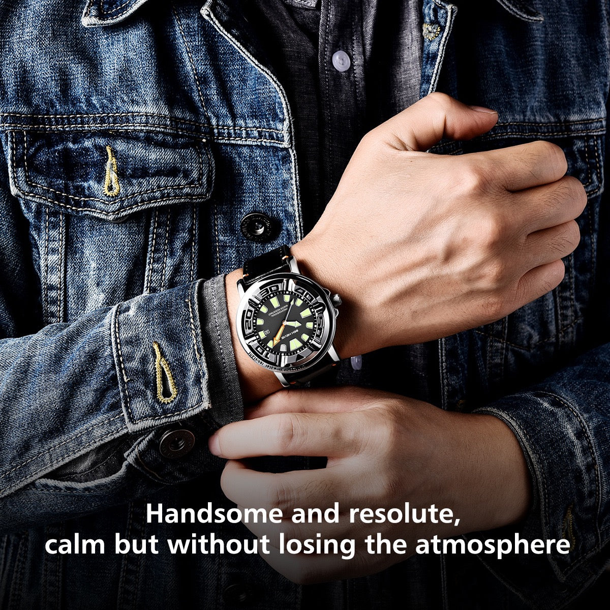 【#A477】Large Dial Luminous Calendar Diving Watch, Men Waterproof Leather Strap Sports Quartz Timepiece