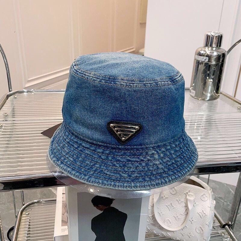 【#A487】Washed Denim Triangle Metal Logo Bucket Hat, Unisex Vintage Wide Brim Sun Hat
